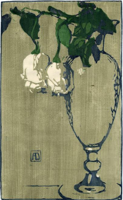 Alice Dmitrijew. White Roses. No later than 1911. Paper, colored woodcut. LNMA collection&nbsp;