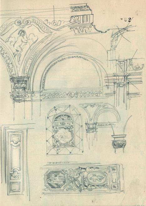 Zīmējuma skice ar Rīgas pilsētas mākslas muzeja interjera arhitektoniskām detaļām, 1902.–1903. gads.