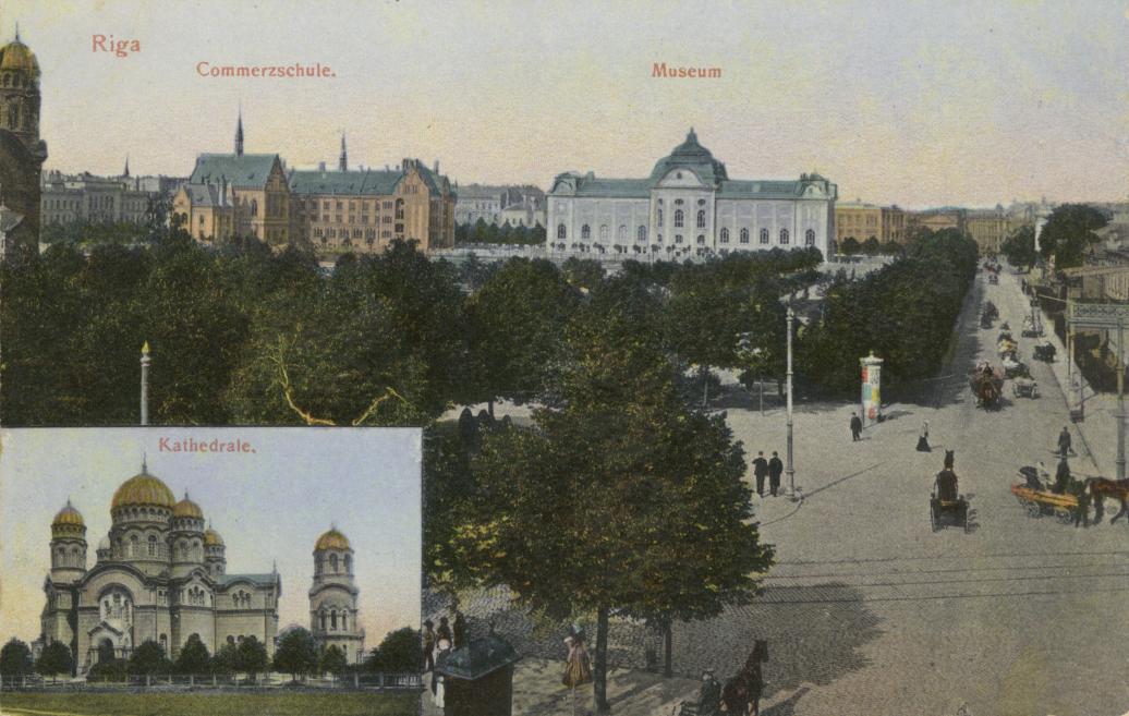 Vēsturiska pastkarte ar Rīgas pilsētas mākslas muzeju, komercskolu un Kristus Piedzimšanas pareizticīgo katedrāli, 20. gadsimta sākums.