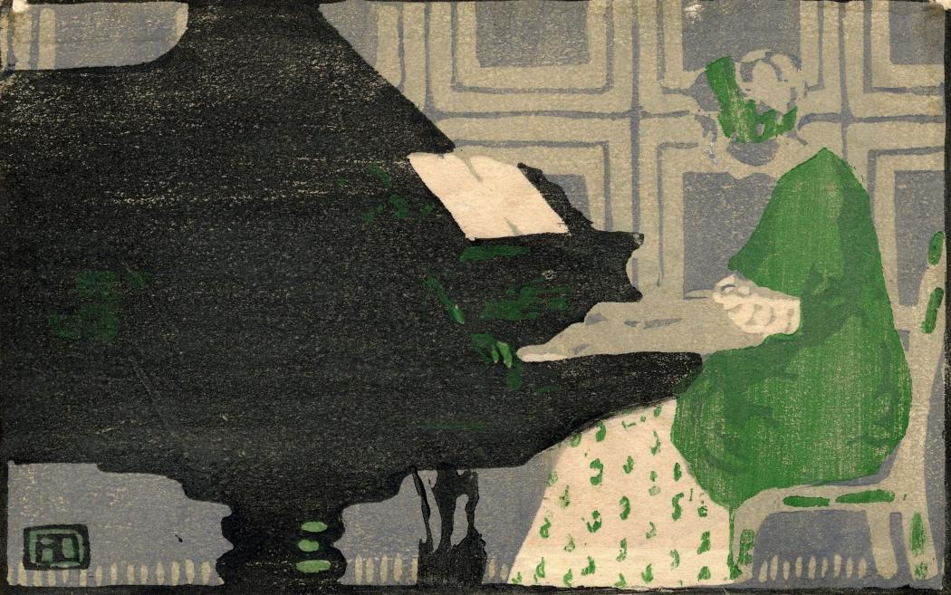 Grafiska kompozīcija ar sievieti zaļā tērpā pie klavierēm, 1913. gads.
