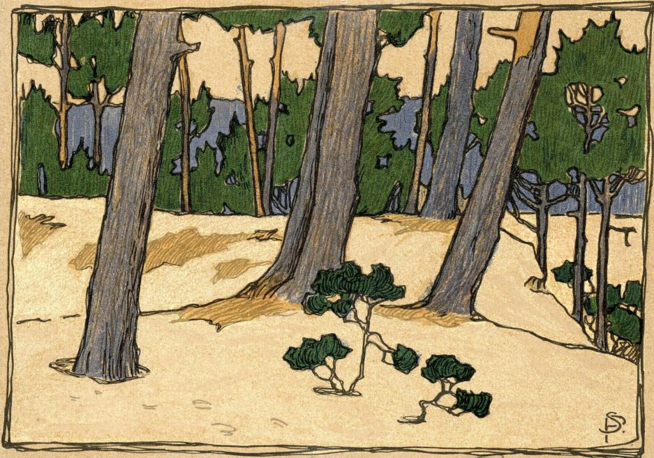 Stilizēts grafikas darbs ar priežu stumbriem smilšainā ainavā, ap 1913. gadu.