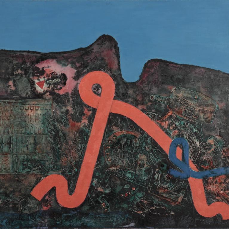 An abstract composition with a dark textured background and vivid orange and blue ribbon-like forms set against a bright blue sky.