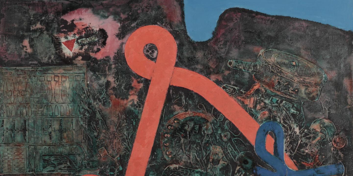 An abstract composition with a dark textured background and vivid orange and blue ribbon-like forms set against a bright blue sky.