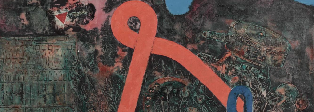 Abstrakta kompozīcija ar tumšu reljefu fonu un spilgti oranžu un zilu līniju figūrām, kas izceļas uz zilām debesīm.