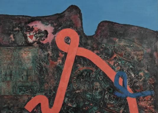 An abstract composition with a dark textured background and vivid orange and blue ribbon-like forms set against a bright blue sky.