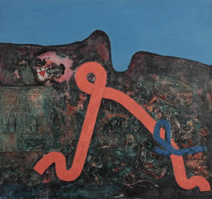 Abstract composition dominated by dark textures and a vivid red, ribbon-like line moving across a rugged, almost landscape-like surface against a blue upper field.