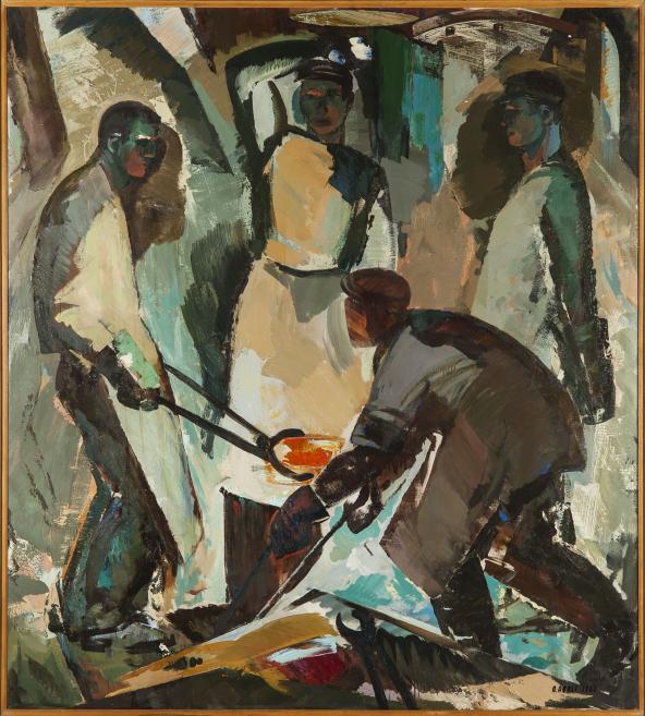 Expressive figurative painting of blacksmiths working around a glowing forge, with strong, angular brushstrokes and earthy tones conveying physical labor and intensity.