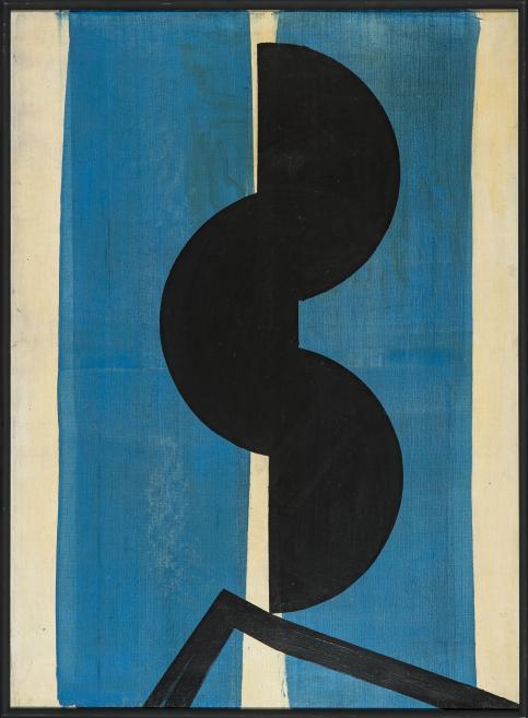 Abstract composition centered on a chair-like form, built from layered blue, green, and dark shapes with dynamic, fragmented brushwork.