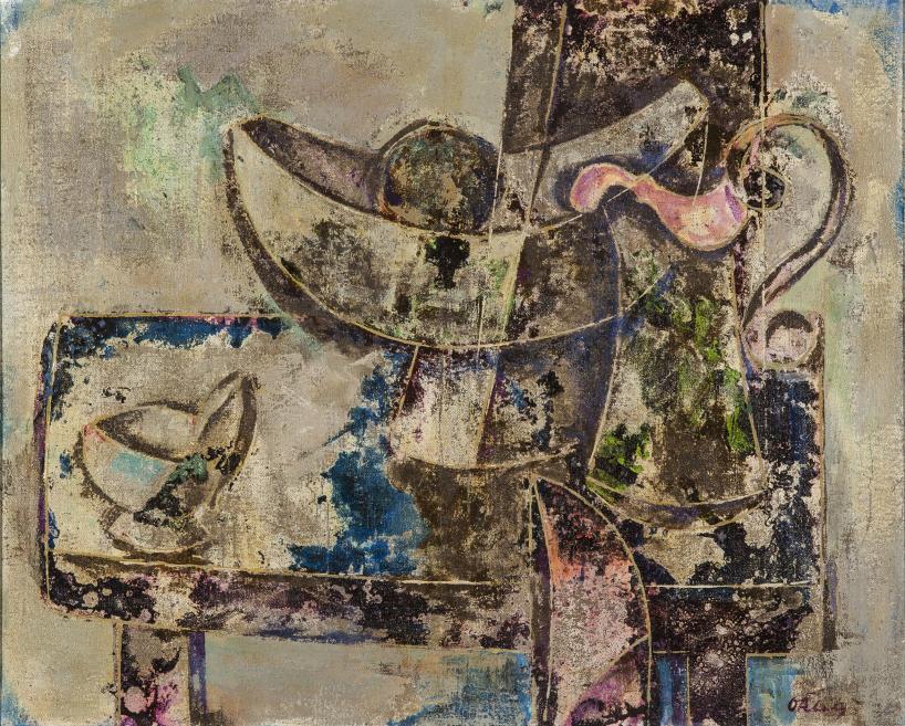 Textured still life combining abstracted vessel forms and muted earth tones, with visible scraping and layered paint surfaces.