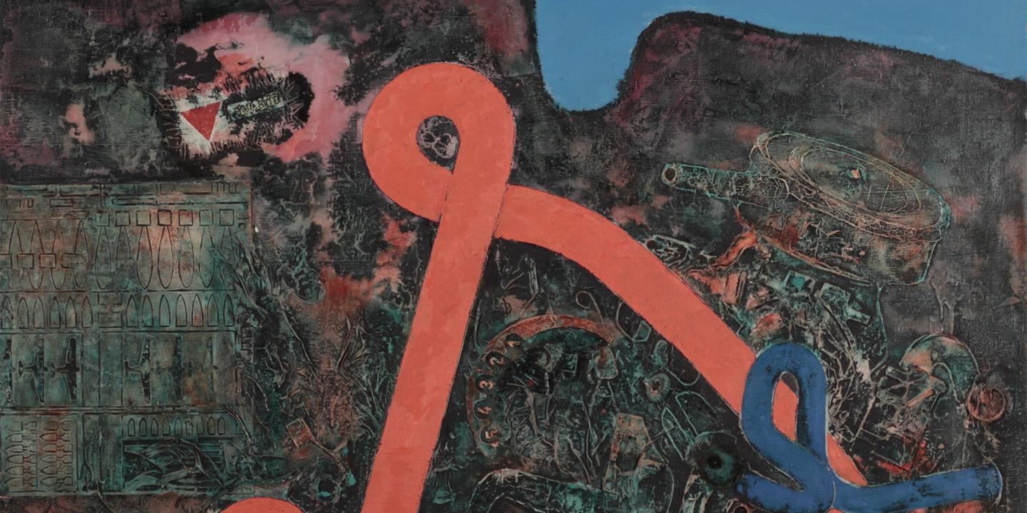 An abstract composition with a dark textured background and vivid orange and blue ribbon-like forms set against a bright blue sky.