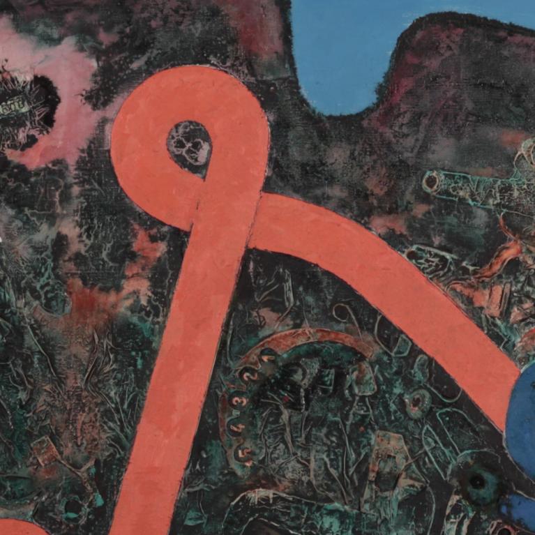 An abstract composition with a dark textured background and vivid orange and blue ribbon-like forms set against a bright blue sky.