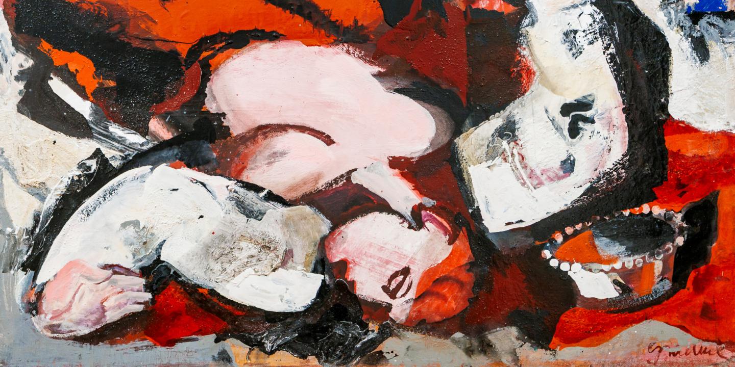Abstrakta, dinamiska kompozīcija intensīvos sarkanos, baltos un melnos toņos ar ekspresīvām līnijām un faktūrām.