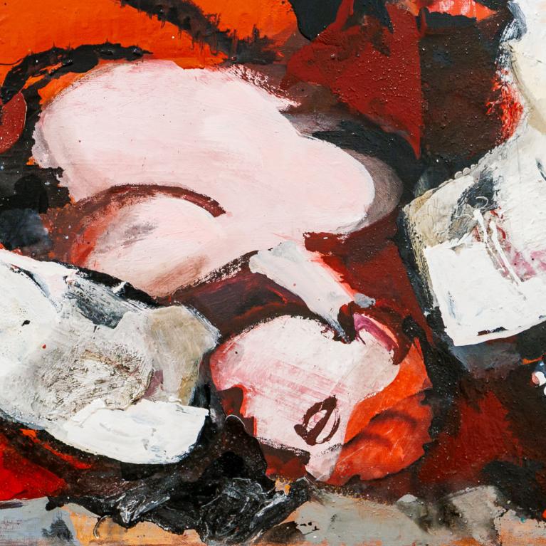 Abstrakta, dinamiska kompozīcija intensīvos sarkanos, baltos un melnos toņos ar ekspresīvām līnijām un faktūrām.