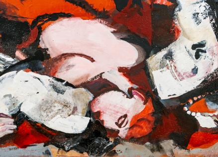 Abstrakta kompozīcija ar dinamiskām sarkanām, baltām, melnām un rozīgām faktūrām, kas veido brīvi plūstošas formas un slāņainus krāsu laukumus.