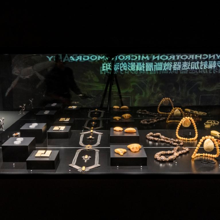 Izstādes vitrīna ar dzintara rotām un priekšmetiem – kaklarotām, kuloniem un amuletiem, izkārtotiem uz melna pamata.