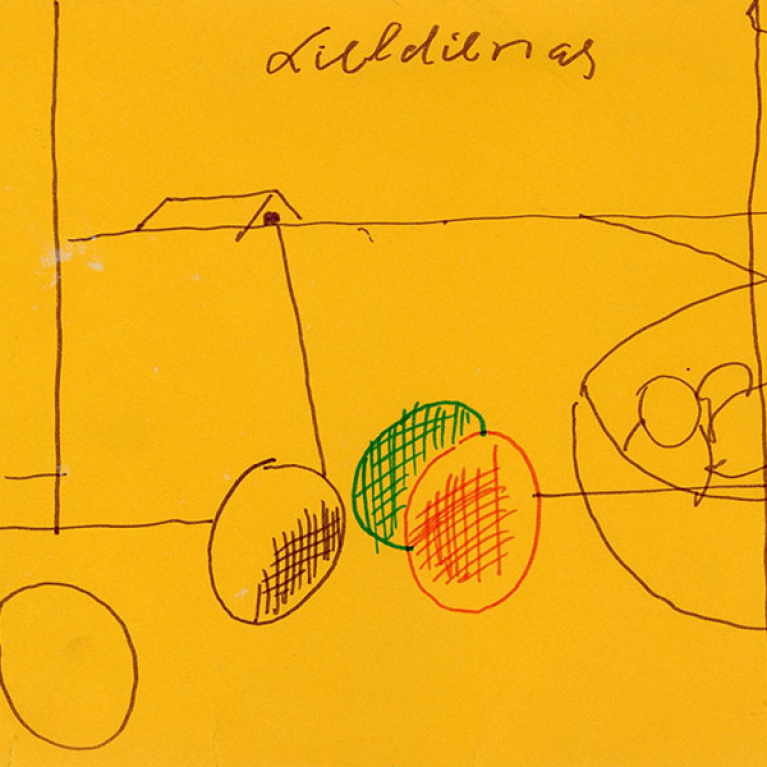 Simple, childlike drawing on a yellow background with lines, circles, and colored shapes, with handwritten text at the top.