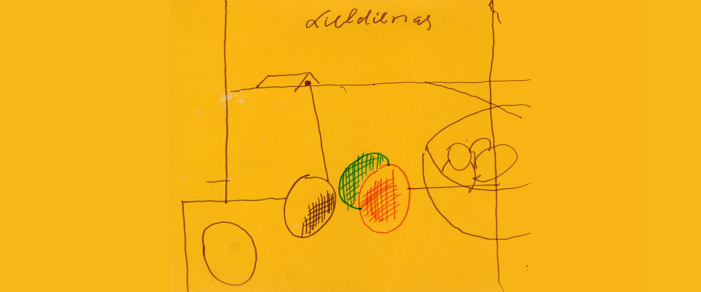 Simple, childlike drawing on a yellow background with lines, circles, and colored shapes, with handwritten text at the top.