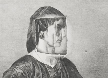 Melnbalts zīmējums ar sievietes profilu, kuras seja daļēji veidota no saplēsta vai caurspīdīga slāņa, uz neitrāla fona.