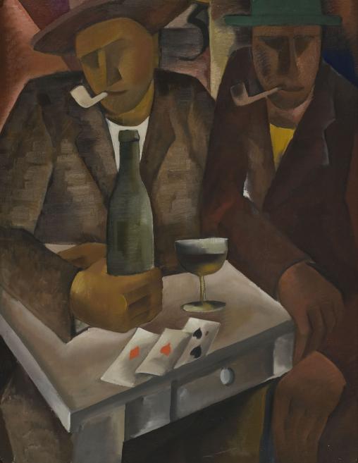 Glezna parāda divus vīriešus pie galda ar pudeli, glāzi un spēļu kārtīm.