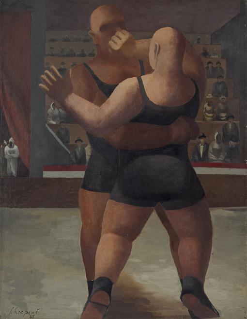 Glezna attēlo divus cīkstoņus ringā brīdī, kad viņi satvēruši viens otru.