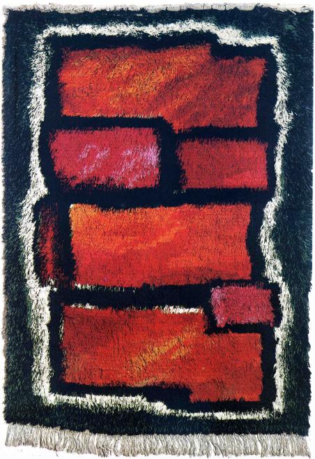Abstract textile artwork of red and orange rectangles on a dark background with a white border.