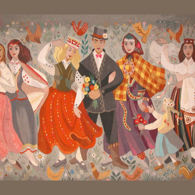 Colorful tapestry showing a group of people in folkloric dress standing against a background of flowers and birds.