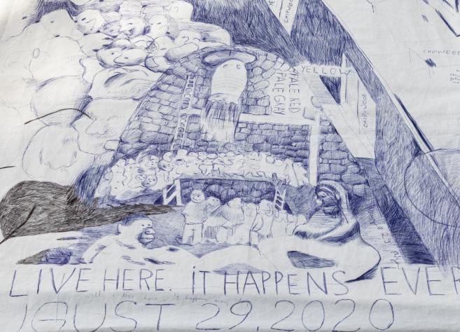 Blue pen sketch on paper showing a group of people in a stone structure under a cave-like arch with English text.