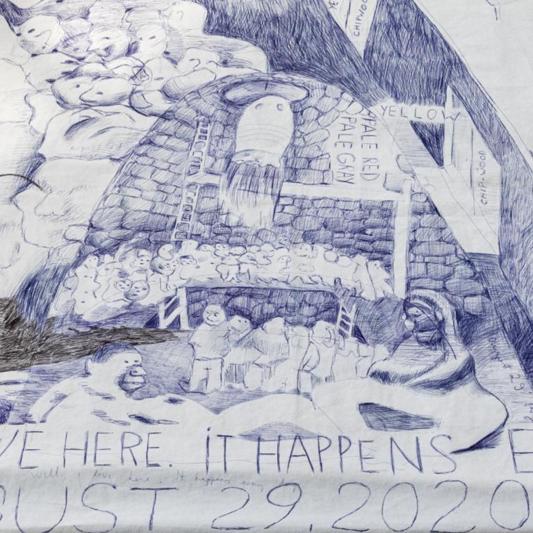 Blue pen sketch on paper showing a group of people in a stone structure under a cave-like arch with English text.