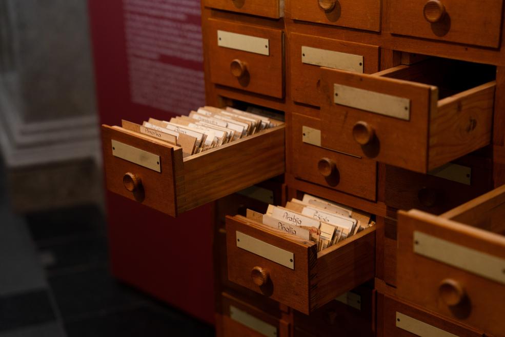 Wooden card catalog cabinet with several drawers, some open and filled with index cards.