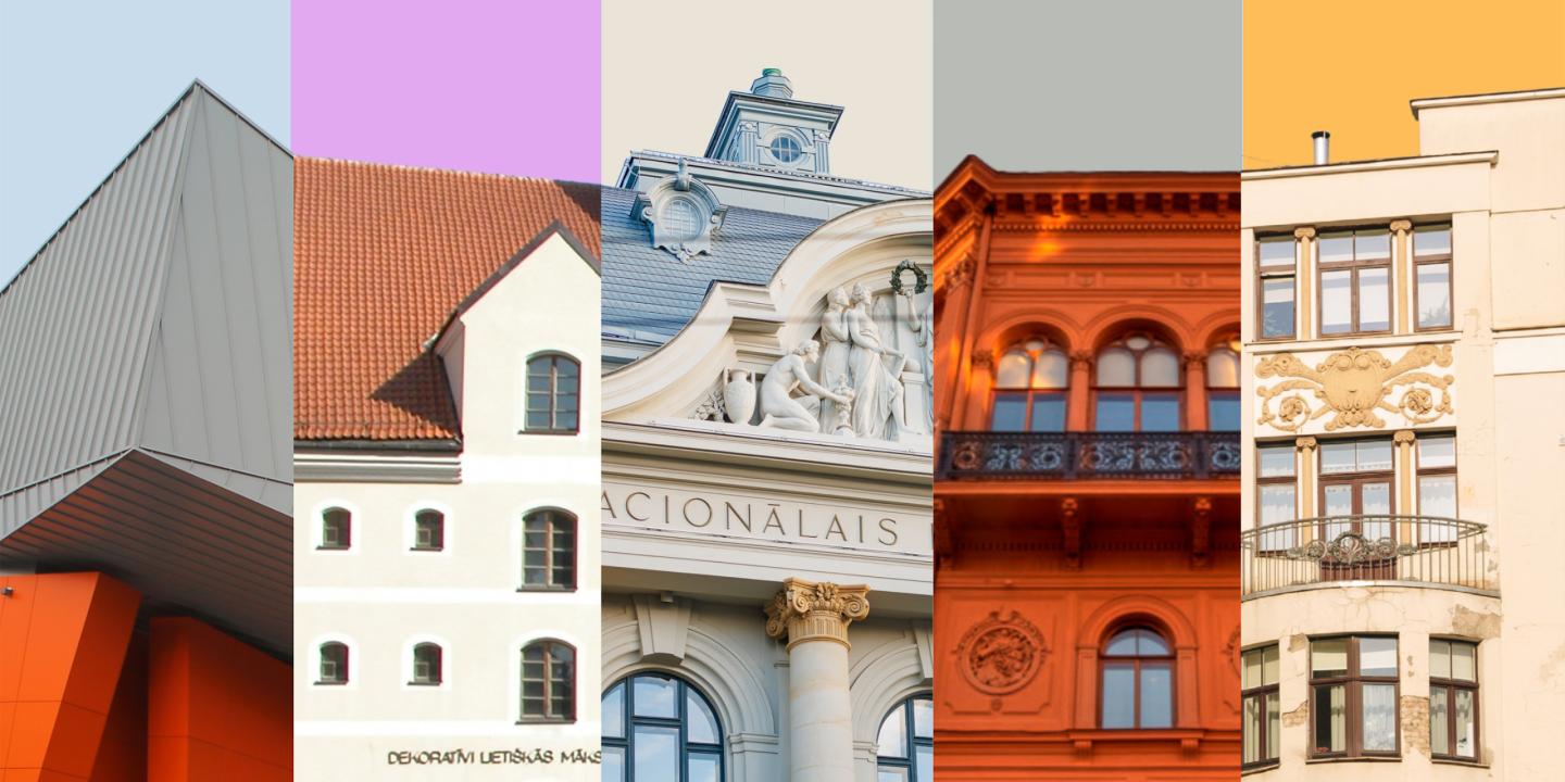 Collage of five façades of the Latvian National Museum of Art buildings in different architectural styles.