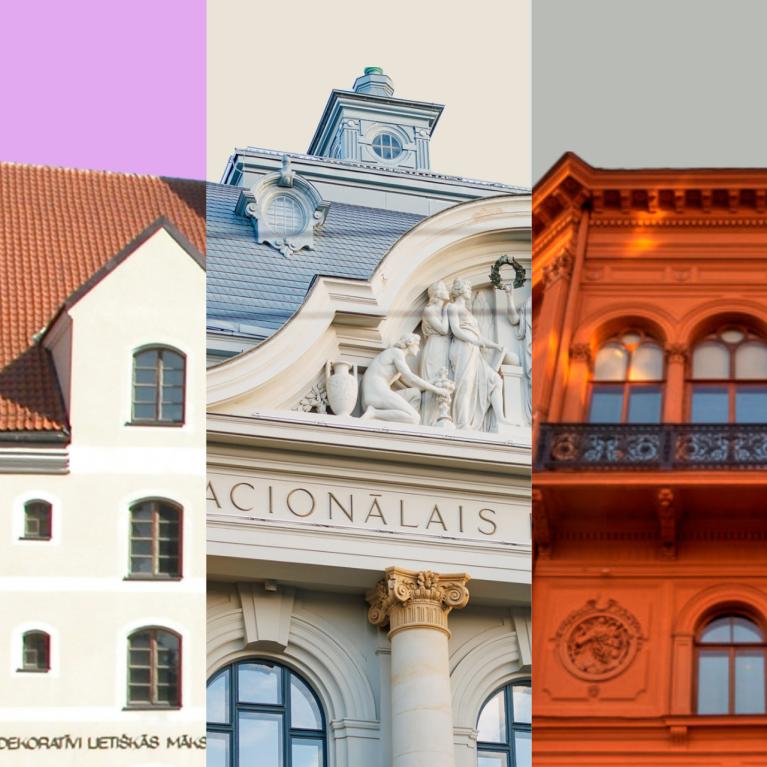 Piecu Latvijas Nacionālā mākslas muzeja ēku fasāžu kolāža dažādos arhitektūras stilos.