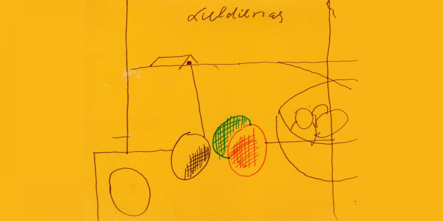 Uz dzeltena fona redzams vienkāršs zīmējums ar krāsainām Lieldienu olām un uzrakstu “Lieldienas”.