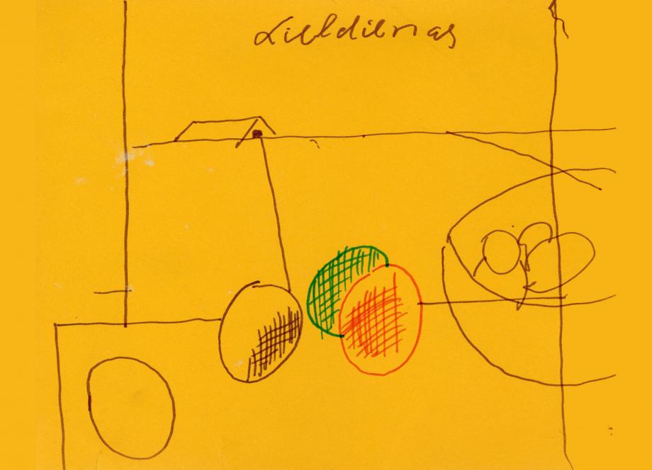 Uz dzeltena fona redzams vienkāršs zīmējums ar krāsainām Lieldienu olām un uzrakstu “Lieldienas”.