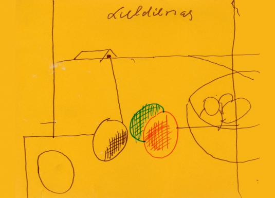 Uz dzeltena fona redzams vienkāršs zīmējums ar krāsainām Lieldienu olām un uzrakstu “Lieldienas”.