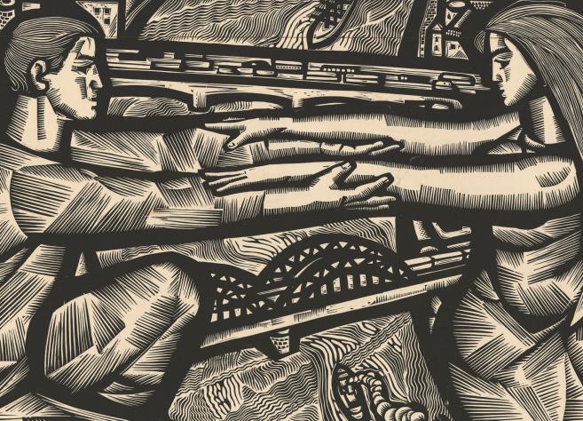 Grafikas darbs ar divām cilvēku figūrām, kas stiepjas viena otrai pretī pāri upei un tiltiem, fonā redzama pilsētas ainava ar arhitektūras siluetiem un rūpnīcu skursteņiem.