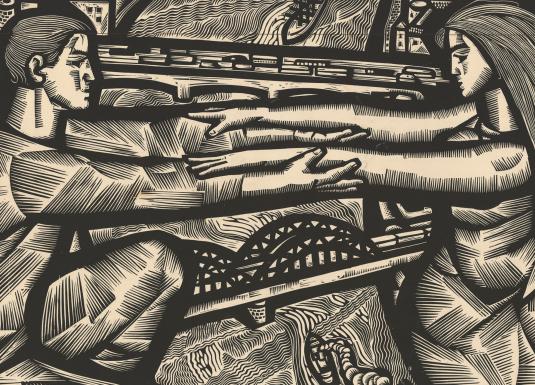 Grafikas darbs ar divām cilvēku figūrām, kas stiepjas viena otrai pretī pāri upei un tiltiem, fonā redzama pilsētas ainava ar arhitektūras siluetiem un rūpnīcu skursteņiem.