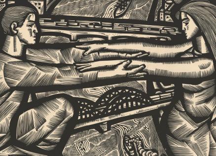 Grafikas darbs ar divām cilvēku figūrām, kas stiepjas viena otrai pretī pāri upei un tiltiem, fonā redzama pilsētas ainava ar arhitektūras siluetiem un rūpnīcu skursteņiem.