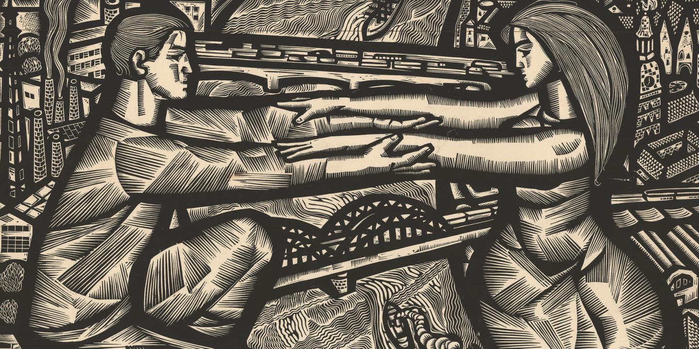 Grafikas darbs ar divām cilvēku figūrām, kas stiepjas viena otrai pretī pāri upei un tiltiem, fonā redzama pilsētas ainava ar arhitektūras siluetiem un rūpnīcu skursteņiem.