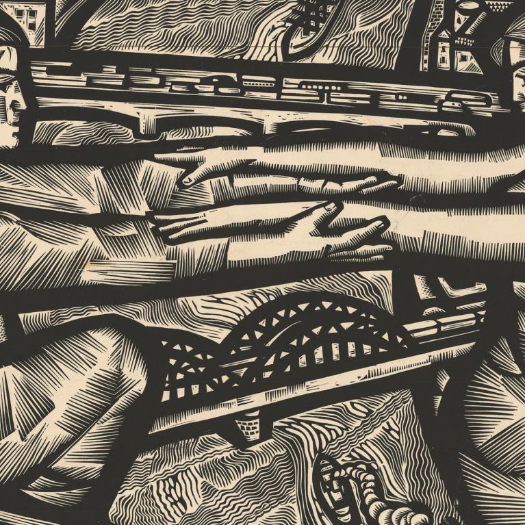 Grafikas darbs ar divām cilvēku figūrām, kas stiepjas viena otrai pretī pāri upei un tiltiem, fonā redzama pilsētas ainava ar arhitektūras siluetiem un rūpnīcu skursteņiem.