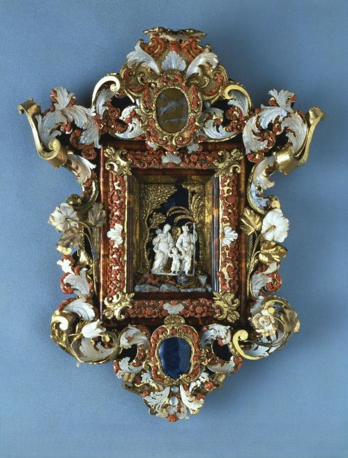 Scene of the flight into Egypt. Trapani, Sicily, 18th century. Ivory, coral, wood, mother-of-pearl, glass, semi-precious stones, gilded copper, tortoiseshell, onyx, blue glass, pebbles, moss. Palazzo Madama collection, Turin, Italy. Photo: Palazzo Madama, Museo Civico d&rsquo;Arte Antica. Courtesy Fondazione Torino Musei