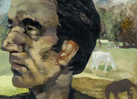 Close-up portrait of man in countryside with horses