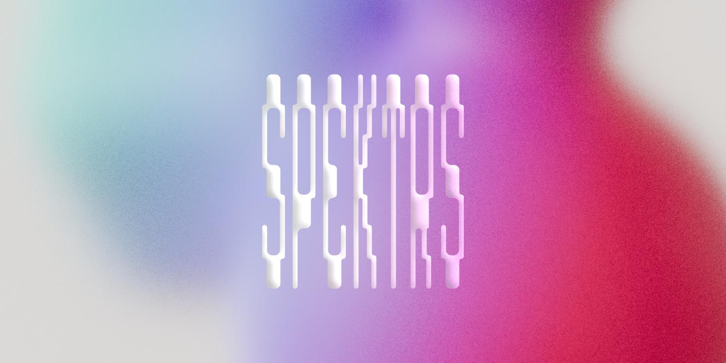 Abstract graphic with a white vertical line pattern on a blue, purple, and red gradient background.