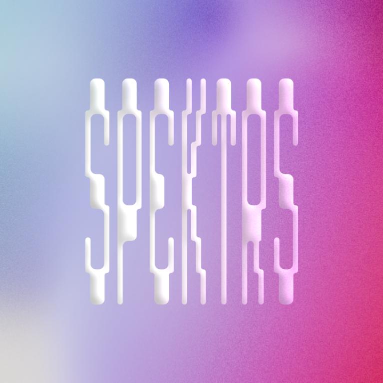 Abstract graphic with a white vertical line pattern on a blue, purple, and red gradient background.