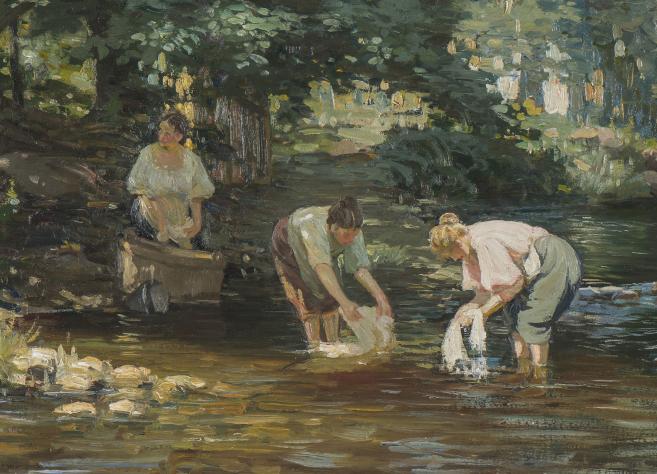 Glezna ar trim sievietēm, kas mazgā veļu seklā upē, koku ieskautā ainavā saules gaismā.