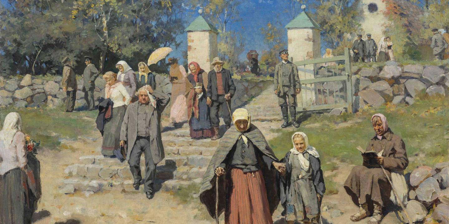 Glezna ar lauku cilvēkiem dažādos vecumos, kas iznāk pa vārtiem un dodas pa ceļu saulainā dienā.