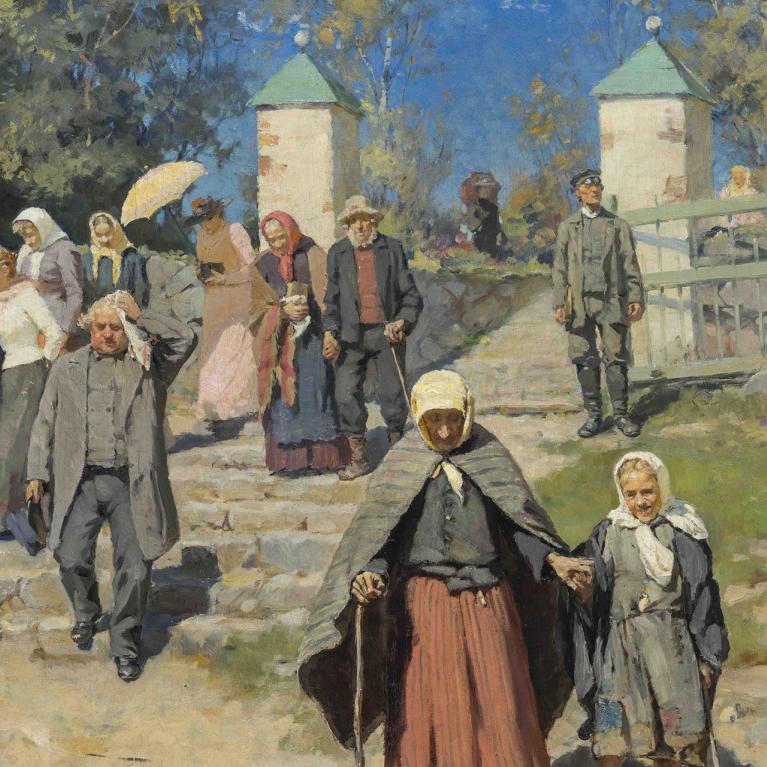 Glezna ar lauku cilvēkiem dažādos vecumos, kas iznāk pa vārtiem un dodas pa ceļu saulainā dienā.