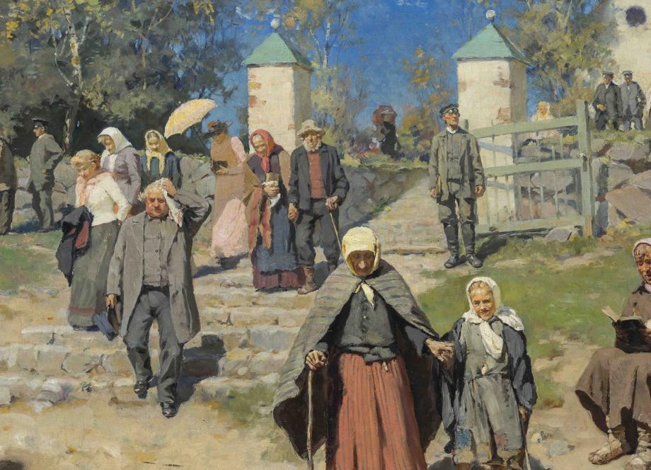 Glezna ar lauku cilvēkiem dažādos vecumos, kas iznāk pa vārtiem un dodas pa ceļu saulainā dienā.