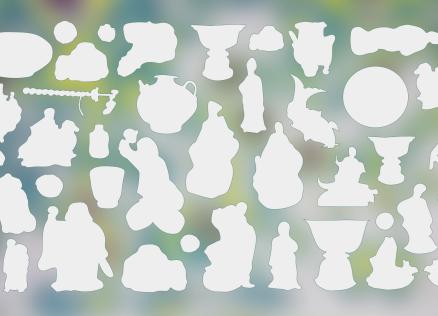 Dozens of white silhouettes of objects and figures in various shapes are arranged against a blurred multicoloured background.
