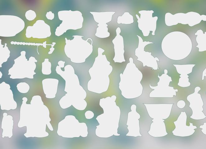 Dozens of white silhouettes of objects and figures in various shapes are arranged against a blurred multicoloured background.
