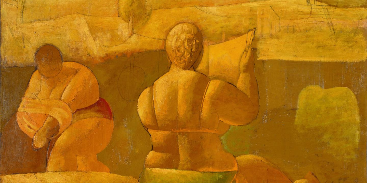 Abstrakta glezna ar divām stilizētām sēdošām figūrām siltos dzeltenbrūnos toņos.
